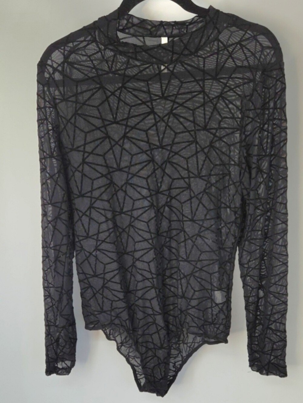 Love Nation Black Sheer Mesh Burnout Spiderweb Mockneck Long-Sleeve Bodysuit
